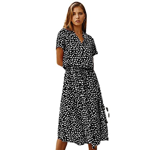 MAFLEN Damen V-Ausschnitt Knopf Druckkleider Kurzärmliges Polka Dots Kleid Hohe Taille Maxikleid Modisches Lässig Sommerkleider mit Gürtel A,S von MAFLEN