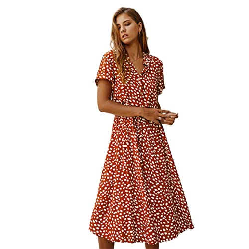 MAFLEN Damen V-Ausschnitt Knopf Druckkleider Kurzärmliges Polka Dots Kleid Hohe Taille Maxikleid Modisches Lässig Sommerkleider mit Gürtel D,S von MAFLEN