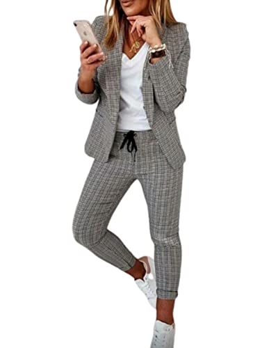 MAFLEN Damen Zweiteiler Elegant Business Karo Kariert Anzug Set Langarm Hosenanzug Blazer Hose Slimfit Anzug B,XL von MAFLEN