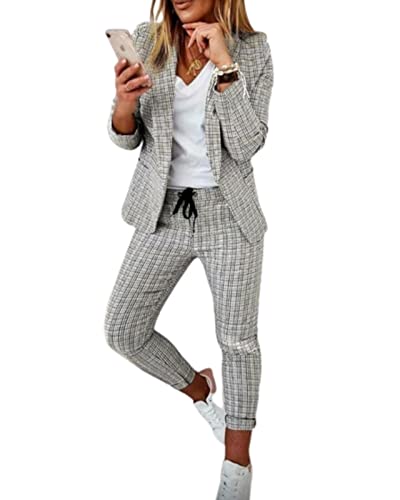 MAFLEN Damen Zweiteiler Elegant Business Karo Kariert Anzug Set Langarm Hosenanzug Blazer Hose Slimfit Anzug C,M von MAFLEN