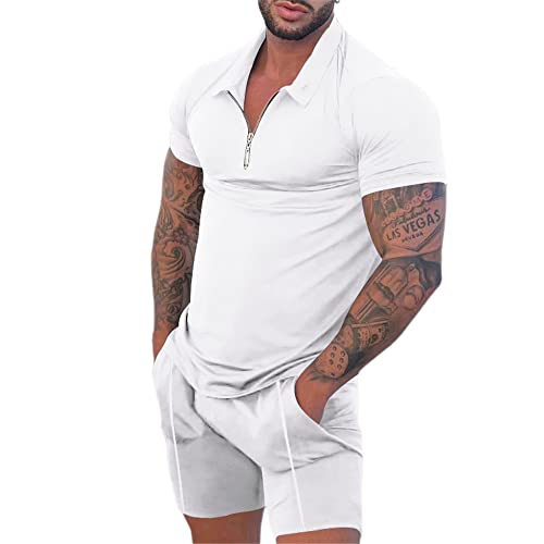 MAFLEN Kurzarm Set Herren Lose Atmungsaktiv Poloshirt Sommer Casual Sportshirt Herren Basic Revers Mit Reißverschluss Trainingsshirt Einfachheit Mode Kurze Hosen Herren E-White L von MAFLEN