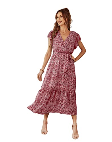 MAFLEN Sommerkleid Damen Blumendruck elegant Kleid V-Ausschnitt Kurzarm Gürtel Midikleid Rüschenkleid A,M von MAFLEN