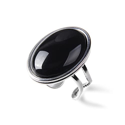 Natursteinring Silber Aventurin Ring Großer Cabochon Offener Ring Verstellbarer Herren- Und Damen Sexschmuck,9 Schwarzer Achat von MAFLEN