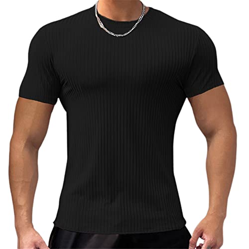 T-Shirt Herren Stretch Komfortabel Casual T-Shirt Mode Einfachheit Einfarbig T-Shirt Herren Slim Fit Kurzarm Basic T-Shirt Sommer Atmungsaktiv Sportshirt Herren B-Black L von MAFLEN