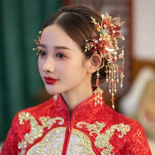 Chinesische Braut Kopfschmuck Tranditional Hochzeit Krone Haar Kamm Haarnadeln Set Bräute Costoume Xiuhe Haar Zubehör 069 von MAFSMJP