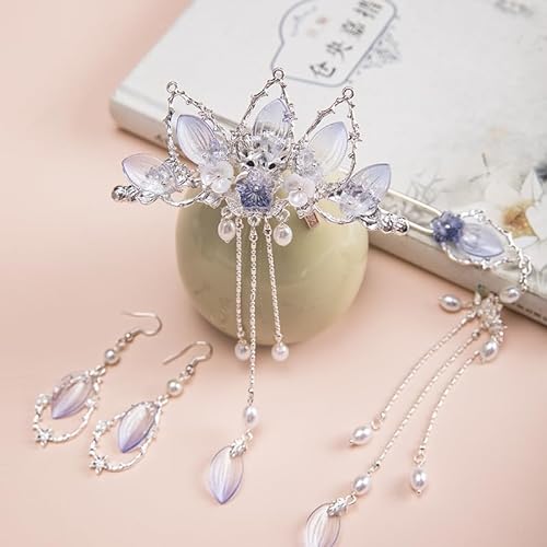 Chinesische Hanfu Frauen Kopfschmuck Blau Lotus Kristall Quaste Haarnadel Set C ein Set von MAFSMJP