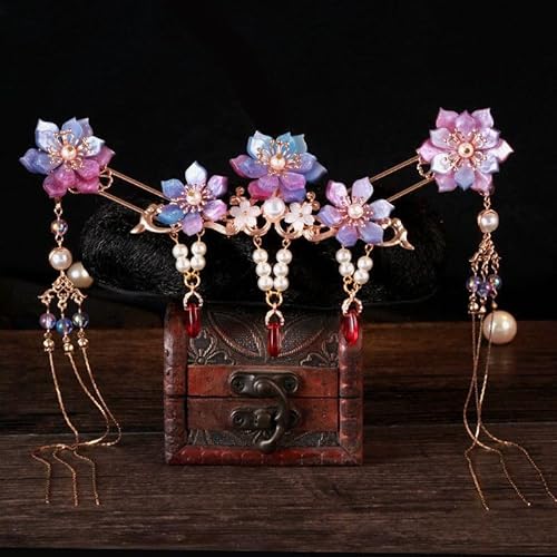 Chinesische Hanfu Haarkrone lila Blume Perlen Quaste Haarnadel 3 Stück Set lila von MAFSMJP