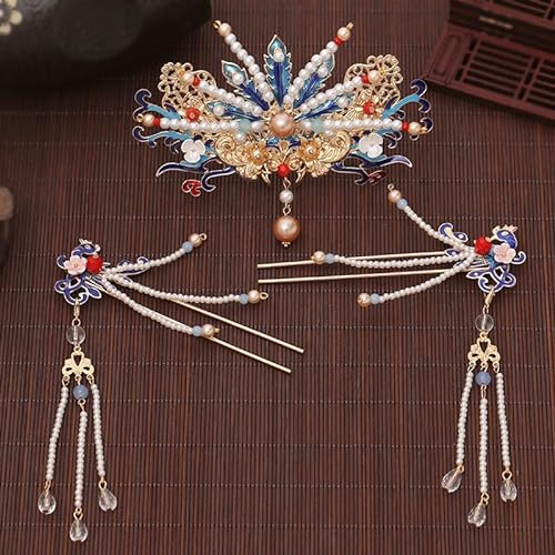 Chinesische Hanfu Lange Quaste Krone Blume Perlen Haarnadeln Handgemachte Schmetterling Haar Stick 11blue Perle set von MAFSMJP