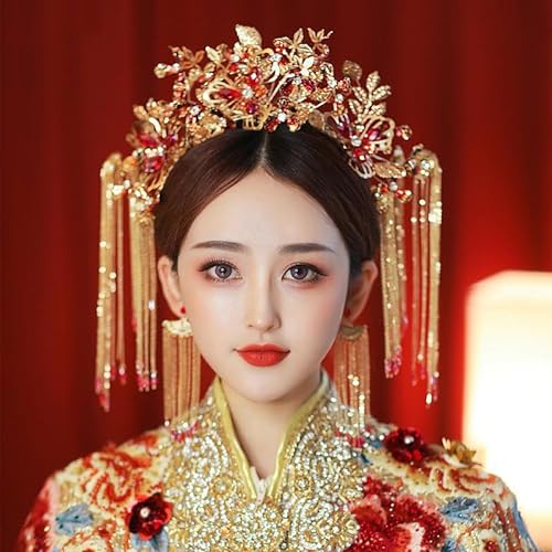 Chinesische Klassische Rote Lange Quaste Phönix Haar Clip Ohrringe Sets Braut Hochzeit Xiuhe Kopf Zubehör Licht Gelb Gold Farbe von MAFSMJP
