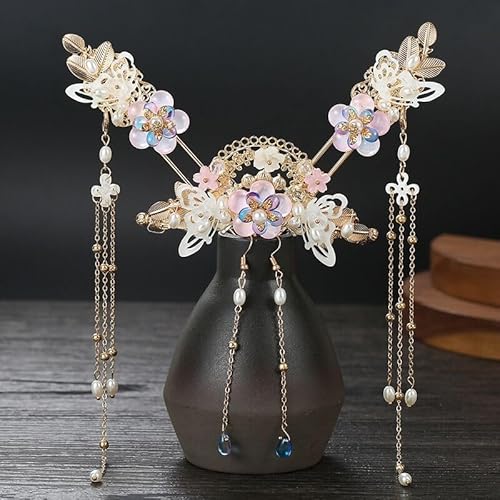 Damen Fächerform mit Schmetterling Blumen Haarnadel Ohrringe 5-teiliges Set chinesischer Hanfu Kopfschmuck 5-teiliges Set von MAFSMJP