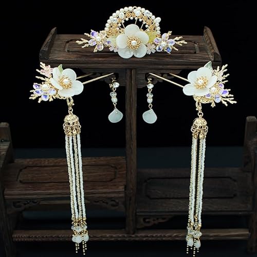 Exquisite weiße Glasblume mit mehreren Strings Quasten Haar Krone Set Chinesische Hanfu Kopfschmuck 5pcs set von MAFSMJP