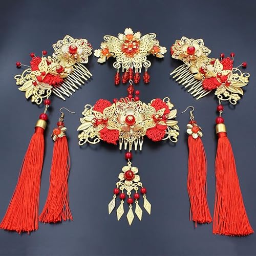 Hanfu Haarschmuck, Vintage-Stil, roter chinesischer Knoten, Hochzeits-Haarnadel, Brautschmuck, Retro-Stil, Kopfbedeckung, komplettes Set von MAFSMJP