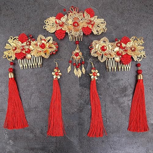 Hanfu Haarschmuck Vintage Rot Chinesische Knoten Hochzeit Haarnadel Braut Haarstäbe Retro Braut Kopfbedeckung Fotos Set von MAFSMJP