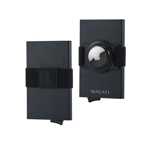 MAGATI AluGuard RFID Kartenetui mit AirTag Halterung - Slim Wallet Aluminium mit RFID-Schutz - Kompaktes Kartenhalter für Herren & Damen für bis zu 7 Karten, AirTag und Geldscheine - Schwarz von MAGATI