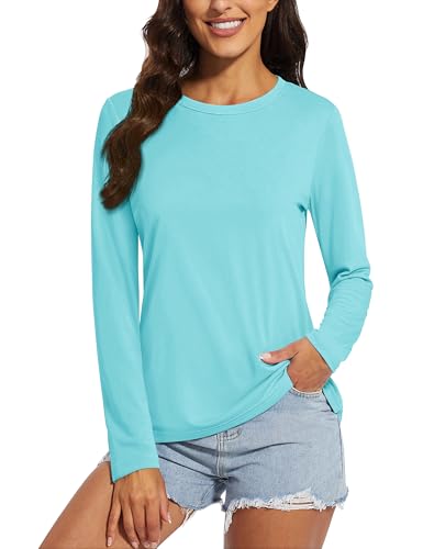 MAGCOMSEN Basic Langarmshirt Damen Shirt Baumwolle Longsleeve Casual Tshirt Langarm Rundhals Winter Komfort Seeblau S von MAGCOMSEN