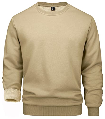 MAGCOMSEN Crewneck Sweatshirts Herren Fleece Funktionsshirt Warm Herbst Langarmshirts Herren Verdickt Bequeme Laufshirt Gefüttert Outdoorshirt für Hiking Arbeit Khaki 3XL von MAGCOMSEN