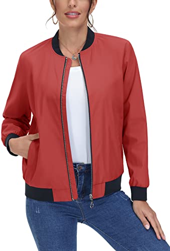 MAGCOMSEN Damen Bomberjacke Frühling Windbreaker Jacke Klassik Leicht Arbeitsjacke Frauen Reißverschluss Baseballjacke Lightweight Mantel US Army College Jacke Orange Rot L von MAGCOMSEN