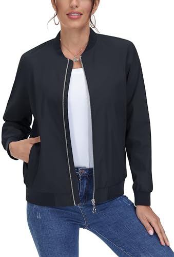 MAGCOMSEN Damen Frühlingsjacke Leichte Dünne Bomberjacke Classic Windbreaker Jacke Ladies 3 Taschen Übergangsjacke Casual Freizeit Fliegerjacke Polyester Kurz Sweatjacke Schwarz L von MAGCOMSEN