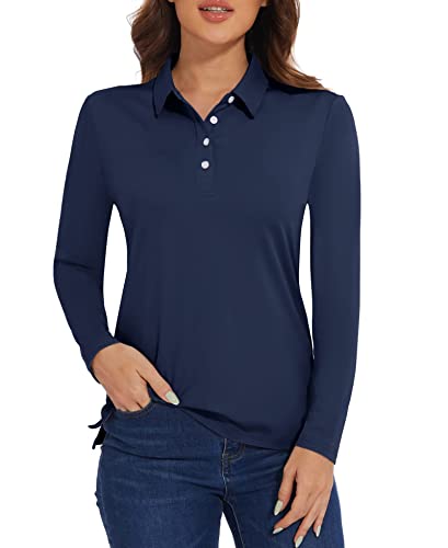 MAGCOMSEN Damen Funktionsshirt Langarm Poloshirt Outdoor Langarmshirt UV Schutz Polo Shirts Longsleeve Arbeits Polohemd, Navy M von MAGCOMSEN