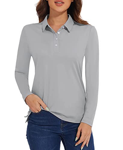 MAGCOMSEN Damen Golf Poloshirt Langarm Atmungsaktiv Laufshirt Schnelltrocknend Funktionsshirt Athletic Polo Long Sleeve, Hellgrau L von MAGCOMSEN