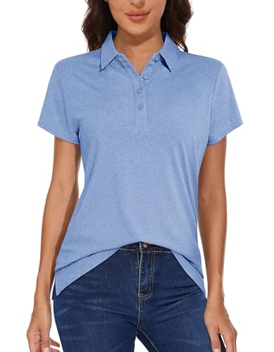 MAGCOMSEN Damen Golf Poloshirt Outdoor Kurzarm Shirt Leicht Sommer Polohemd Frauen Schnelltrocknend Wandern T-Shirts Meliert Stretch Trainingsshirts Freizeit Tops Shirts Hellblau S von MAGCOMSEN