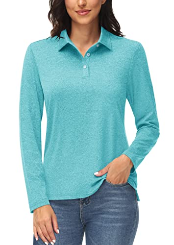 MAGCOMSEN Damen Golf Poloshirts UV UPF 50+ Langarmshirt Essentials T-Shirt für Jogging Tennis Damen Atmungsaktiv Sweatshirts Stretch Leicht Polo Hemd Lichtgrün L von MAGCOMSEN