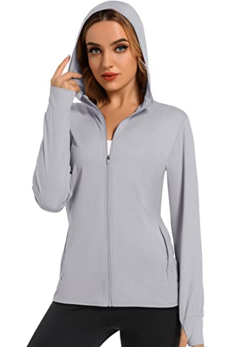 MAGCOMSEN Damen Hoodie Shirts UV Schutz Sweatjacke Leicht Fitness Yoga Kapuzenjacke UPF 50+ Langarm T-Shirts Outdoor Quick Dry Schwimmshirt für Sport Hiking Hellgrau S von MAGCOMSEN