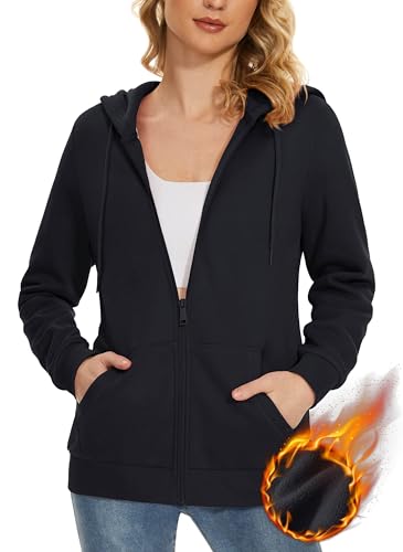 MAGCOMSEN Damen Jacke Kapuze Sweatshirt Warme Fleecejacke Zip Up Fitnessjacke Joggen Wanderjacke Leicht Hoodie Herbst Winter Trainingsjacke Schwarz L von MAGCOMSEN