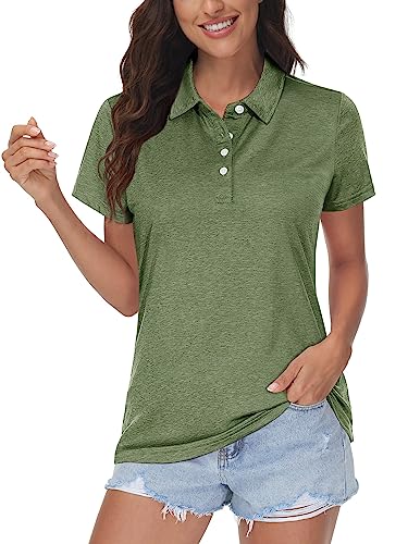 MAGCOMSEN Damen Kurzarm Sport Poloshirts Sommer Leicht Golfshirts Schnelltrocknend Fitness Tops Frauen Outdoor Polo T-Shirts Lässig Trainingsshirts für Tennis Jogging Armeegrün XXL von MAGCOMSEN