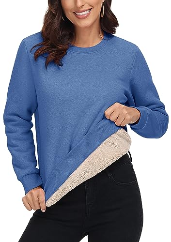 MAGCOMSEN Damen Langarm Pullover Winter Sweatshirt College Tshirt Warm Freizeitshirt Sport Wandershirt mit Crewneck Grau Blau M von MAGCOMSEN