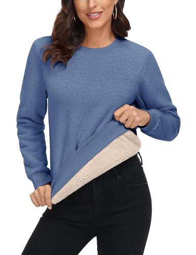 MAGCOMSEN Pullover Damen Winter Langarmshirt Sweatshirt Pulli Fleecepullover Warm Baumwolle Crewneck Thermo Grau Blau XL von MAGCOMSEN