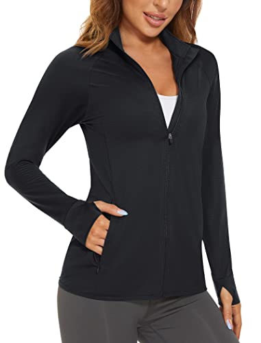 MAGCOMSEN Damen Langarmshirts UPF 50+ Sonnenschutz Reißverschluss Sweatshirts Wandern Laufen Athletic Shirts Rash Guard, Schwarz, X-Large von MAGCOMSEN