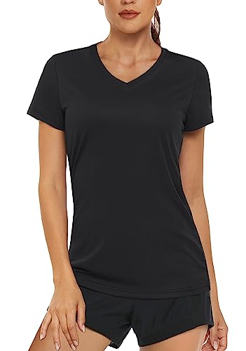 MAGCOMSEN Damen Leicht Trainingsshirts Casual Essentials Kurzarm Shirt Fitness Yoga Sportshirt Frauen Atmungsaktiv Funktionsshirts für Hiking Trekking Camping Schwarz L von MAGCOMSEN