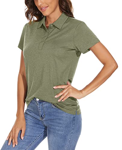 MAGCOMSEN Damen Polo Sportshirt Sommer Golfshirts Schnelltrocknend UV Shirt Frauen Fitness Tennis Kurzarm T-Shirts Lässig Meliert Laufshirt Atmungsaktiv Wandershirt Armeegrün XL von MAGCOMSEN