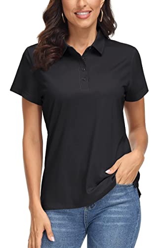 MAGCOMSEN Damen Poloshirt Kurzarm Sport Funktionsshirt Golf Polo T-Shirt Atmungsaktiv Funktionspolo Basic Polohemd, Schwarz M von MAGCOMSEN