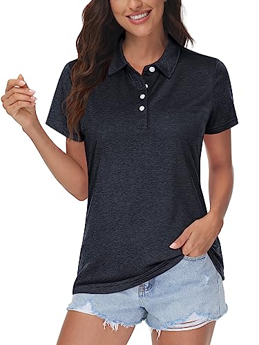 MAGCOMSEN Damen Sport Poloshirt Golf Sommershirt Kurzarm Polohemd Damen Atmungsaktiv Tennis Shirts Quick Dry Polo Funktionsshirts Leicht Laufen Yoga T-Shirts Schwarz L von MAGCOMSEN