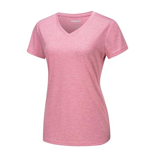 MAGCOMSEN Damen Sport Shirt Leichte Trainingsshirt Kurzarm Atmungsaktiv Lässig T-Shirt Weich Outdoor Shirt mit V-Ausschnitt Funktionsshirt für Yoga, Jogging Rosa L von MAGCOMSEN