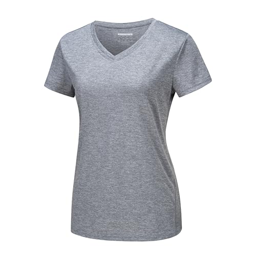 MAGCOMSEN Damen Sport T-Shirts Atmungsaktiv Sommer Laufshirt mit V-Ausschnitt Leichte Funktionsshirt für Wandern Trainingsshirt Kurzarm Yoga Shirts Hellgrau 2XL von MAGCOMSEN