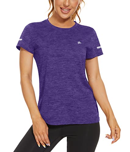 MAGCOMSEN Damen T-Shirts Sport Kurzarm Shirts Sommer Joggingshirt Quick Dry Outdoorshirt Damen Gym Funktionsshirts Leicht Stretch Tops mit Reflektierender Streifen Violett L von MAGCOMSEN