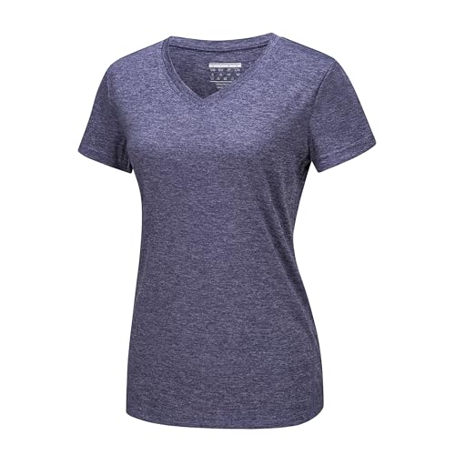 MAGCOMSEN Damen Trainingsshirt Kurzarm Atmungsaktiv Fitness Shirt mit V-Ausschnitt Leicht Sportshirts Sommer Tshirt Damen Funktionsshirt für Joggen Violett L von MAGCOMSEN