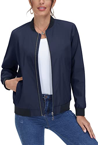 MAGCOMSEN Damen Übergangsjacke Bomber Blouson Jacke Stehkragen Casual Windbreaker Damen Polyester Bikerjacke Frühling Sommer Pilotenjacke US Army Baseballjacke Dunkelblau L von MAGCOMSEN