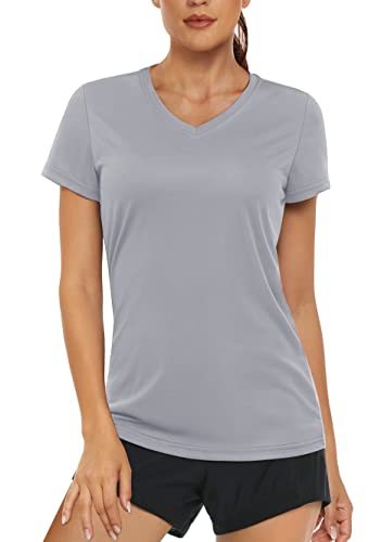 MAGCOMSEN Damen UPF 50+ Kurzarm Shirt Outdoor Fitness Laufshirt Leicht Sommer Arbeitsshirt Damen Sport T-Shirt mit V Ausschnitt Atmungsaktiv Casual Freizeitshirt Hellgrau S von MAGCOMSEN