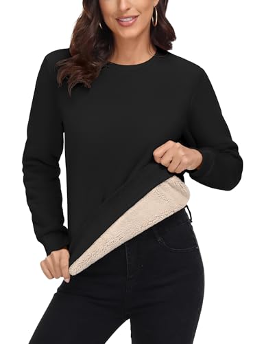 MAGCOMSEN Pullover Damen Langarm Sweatshirt ohne Kapuze Winterpullover mit Fleece Sherpa Rundhals Herbst Wärme Schwarz S von MAGCOMSEN