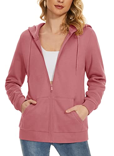 MAGCOMSEN Damen Kapuzenpullover Winterjacke Warm Gefüttert Fleecejacke Kordelzug Hoodie Jacke Sport Sweatshirtjacke Grau Rosa M von MAGCOMSEN