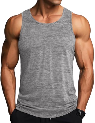 MAGCOMSEN Fitness Tanktops Herren Ärmelloses Sportunterhemden Gym Bodybuilding Muskel Shirts Herren Silm Fit Trainingsshirt UV Schutz Jogging Tops Sommer Essentials T-Shirt Hellgrau L von MAGCOMSEN