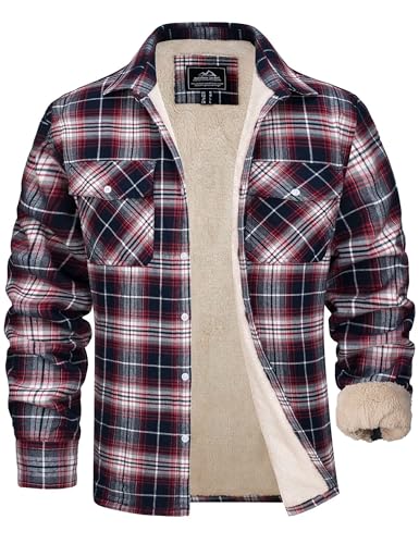 MAGCOMSEN Flanellhemd Herren Winterjacke Warme Hemdjacke Holzfällerhemd Arbeitsjacke Baumwolle Fleece Lined Rot Weiß S von MAGCOMSEN