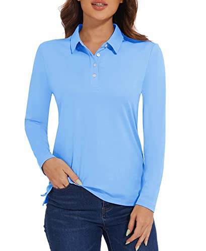 MAGCOMSEN Funktionspolo Damen Langarm Polohemd Stretch Poloshirt Golf T-Shirt Casual Langarmshirt Sportlich Polo Shirts, Hellblau L von MAGCOMSEN