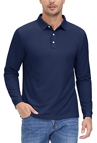 MAGCOMSEN Golf Polo Herren Schnelltrocknend Tennis Polohemd Basic Langarmshirt Wandershirt Atmungsaktiv Funktionshemd, Navy, 3XL von MAGCOMSEN