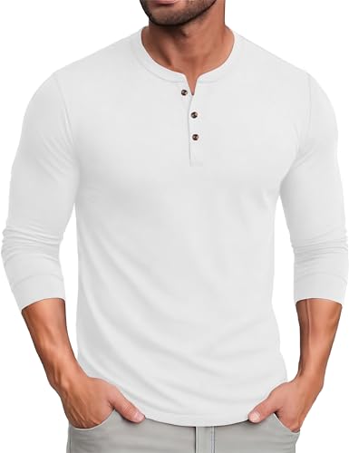 MAGCOMSEN Henley Shirt Herren Langarm Baumwoll Longsleeve Regular Fit Arbeits Casual Atmungsaktive T Shirt Weiß L von MAGCOMSEN