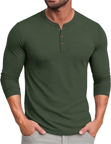 MAGCOMSEN Henley Shirt Herren Langarm Baumwoll Tshirt Business Longsleeve Leichtes Atmungsaktive T Shirts Armeegrün XL von MAGCOMSEN